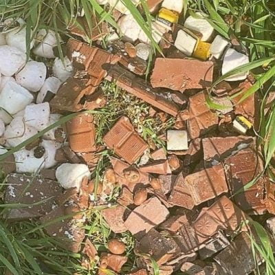 Chocolate and marshmallows dumped in Curtis Fields, Dorset, UK