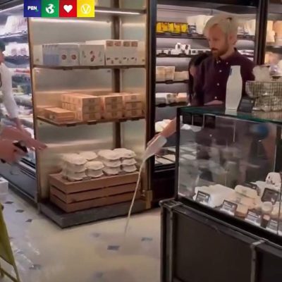 Animal Rebellion protestors pour milk on Harrods' floor in a plant-based food campaign