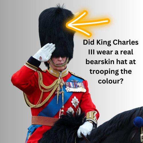 Is King Charles III wearing a real bearskin hat at trooping the colour?