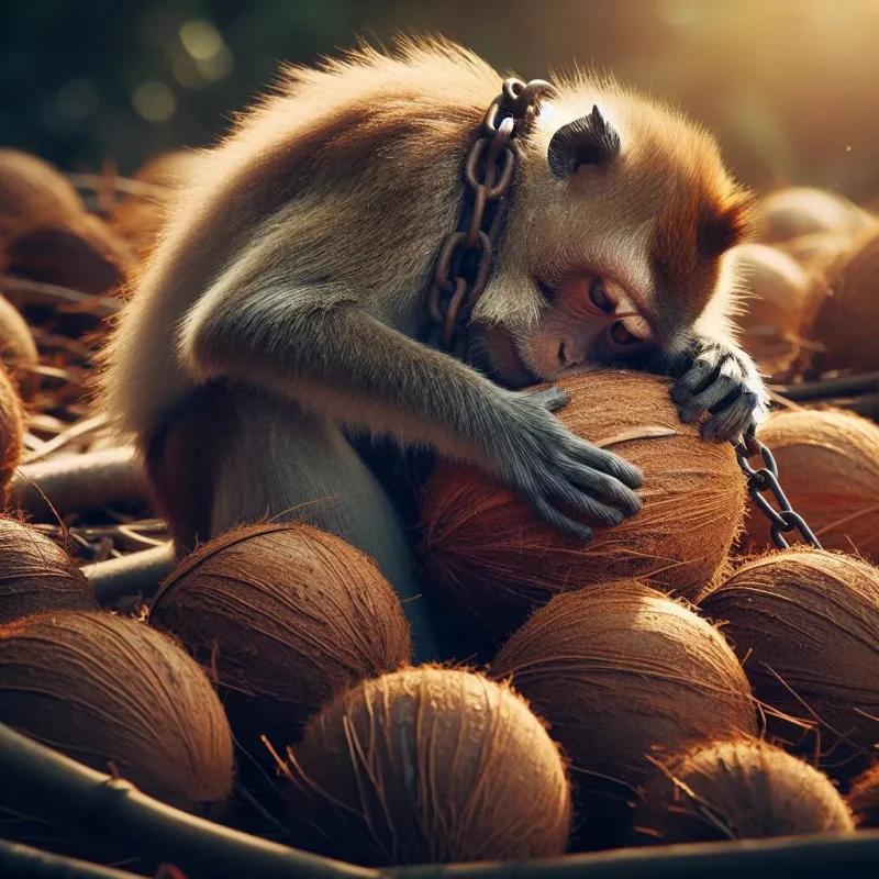 Chained monkeys harvesting coconuts