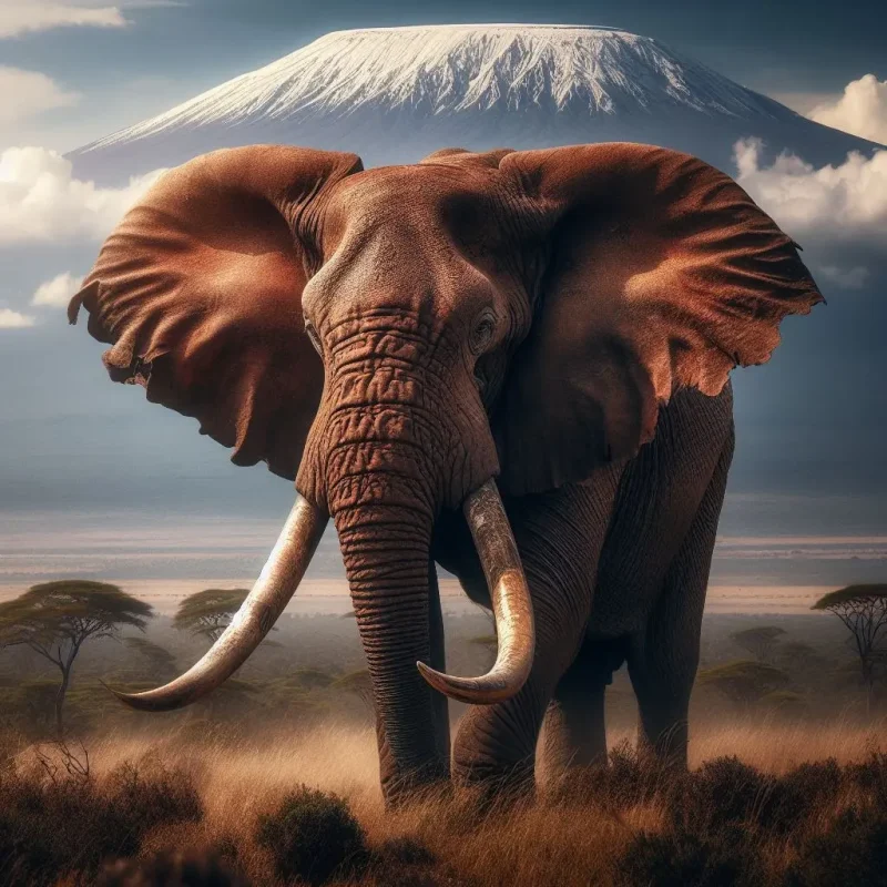 Picture of a bull elephant with magnificent tusks and flapping ears with Mount Kilimanjaro in the background